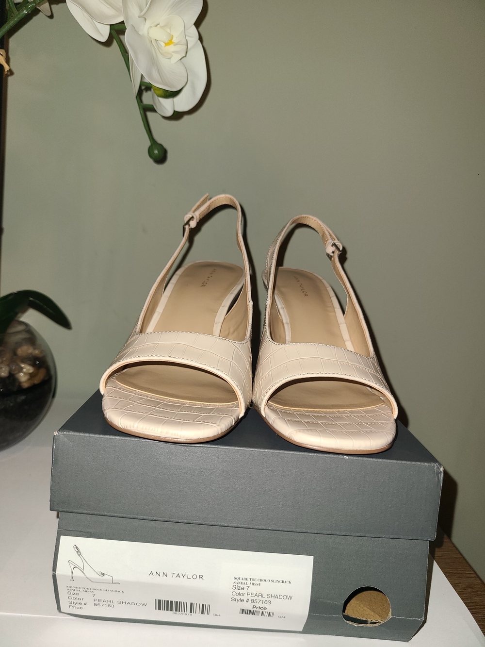 Ann Taylor Missy Slingback Square Toe Block Heel croco Cream Leather 7M